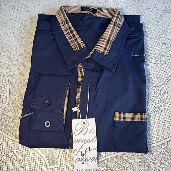Coofandy Men's Navy Blue Shirt with Plaid Accents Sz L - Picture 1 of 9
